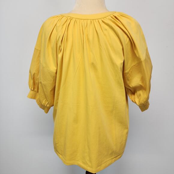 Chicos 3 Smocked Puff Sleeve PeasantTop Size XL Yellow Stretch V-neck Pullover - Picture 2 of 16
